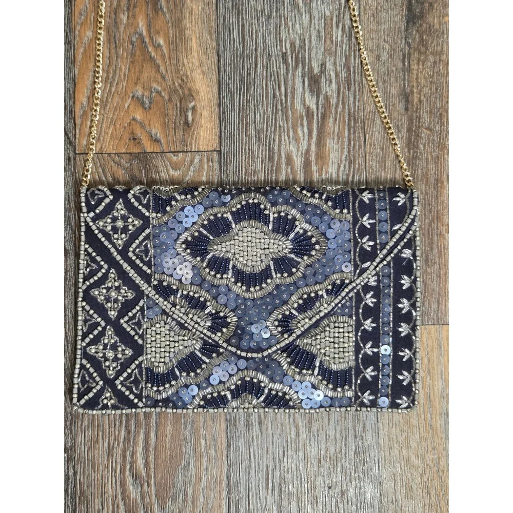 Navy Blue Beaded Sequin Envelope Clutch Bag Gold Chain Crossbody Evening Purse